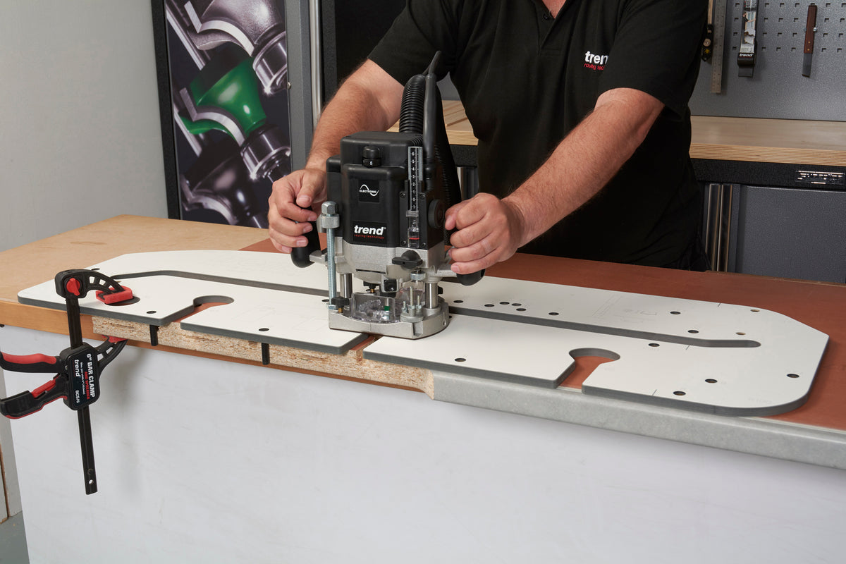 Trend 900mm Kitchen Worktop Router Jig in use on kitchen worktop