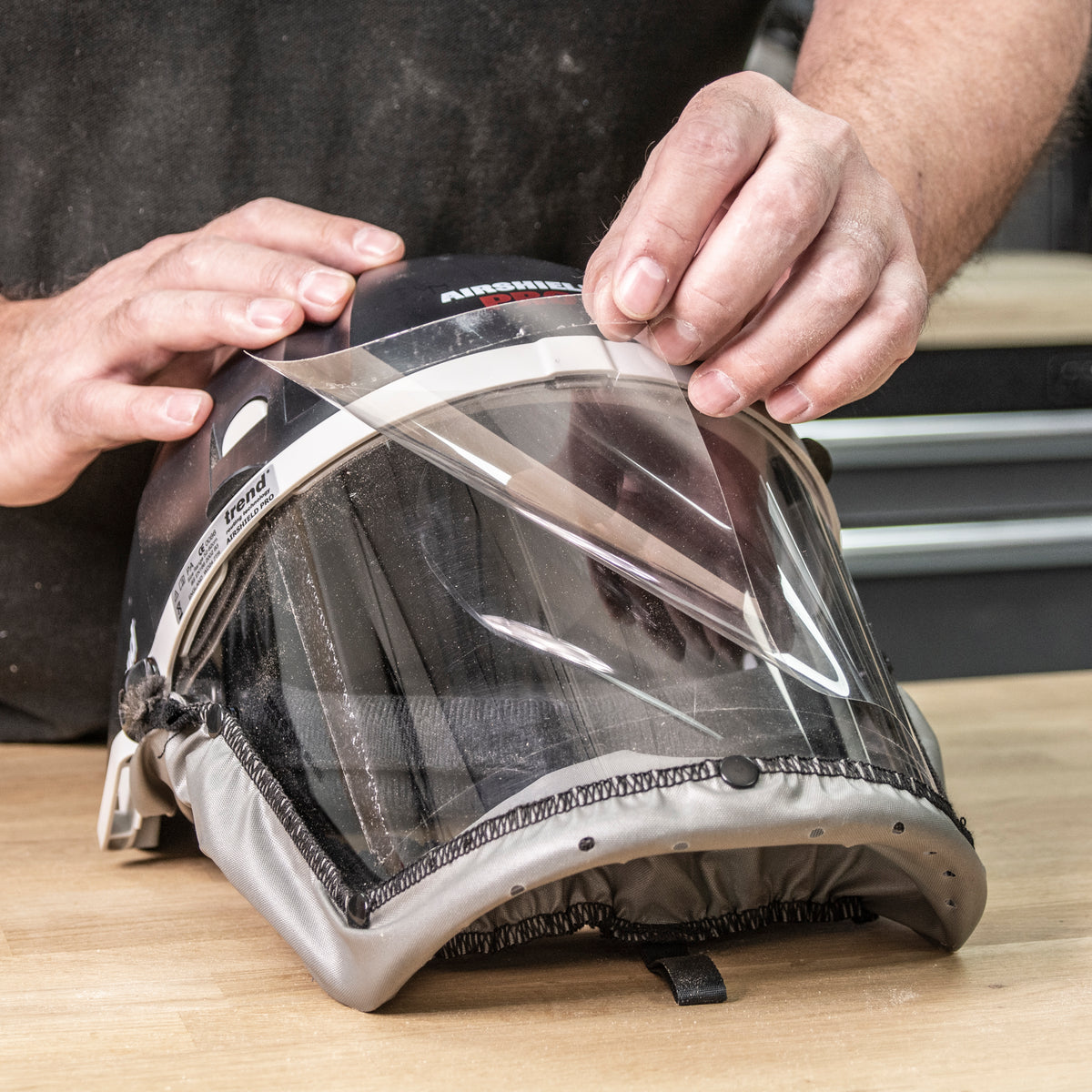 Trend Clear Visor overlays for Airshield Pro Respirator Face Shield, pack of 10, angled view