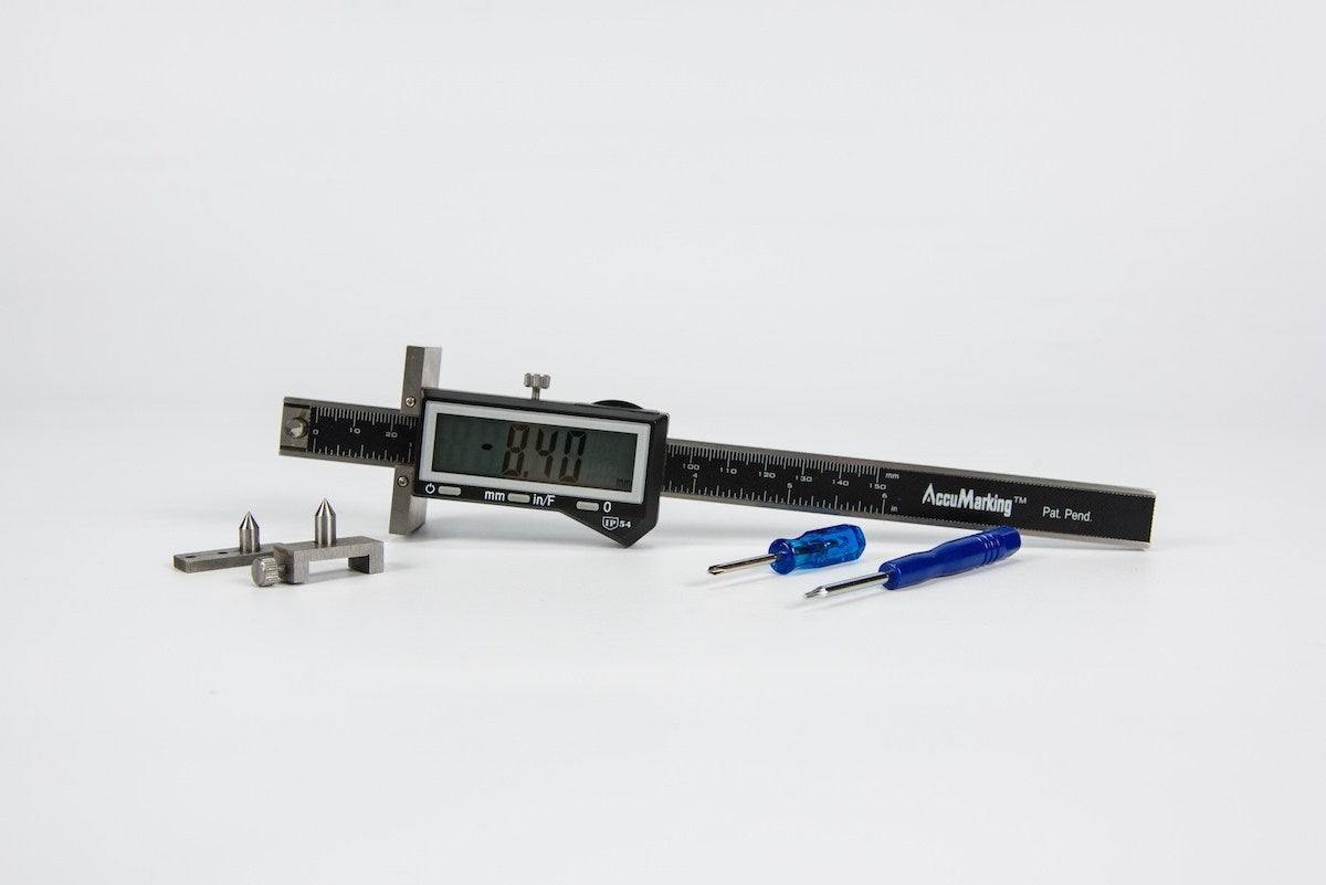 iGaging 3-in-1 Digital Marking Gauge showing heavy-duty pin for marking along, across, and end grain
