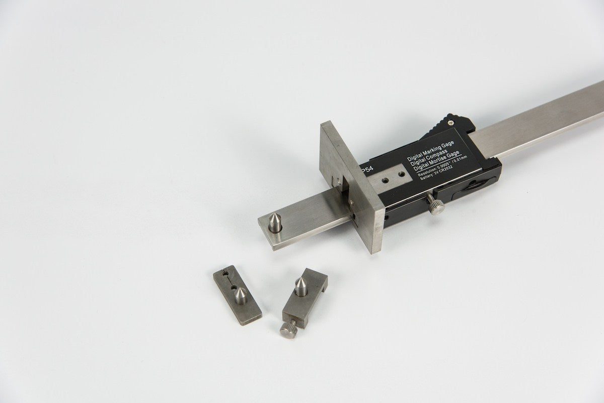 iGaging 3-in-1 Digital Marking Gauge in use on wood surface with heavy-duty pin for precise markings