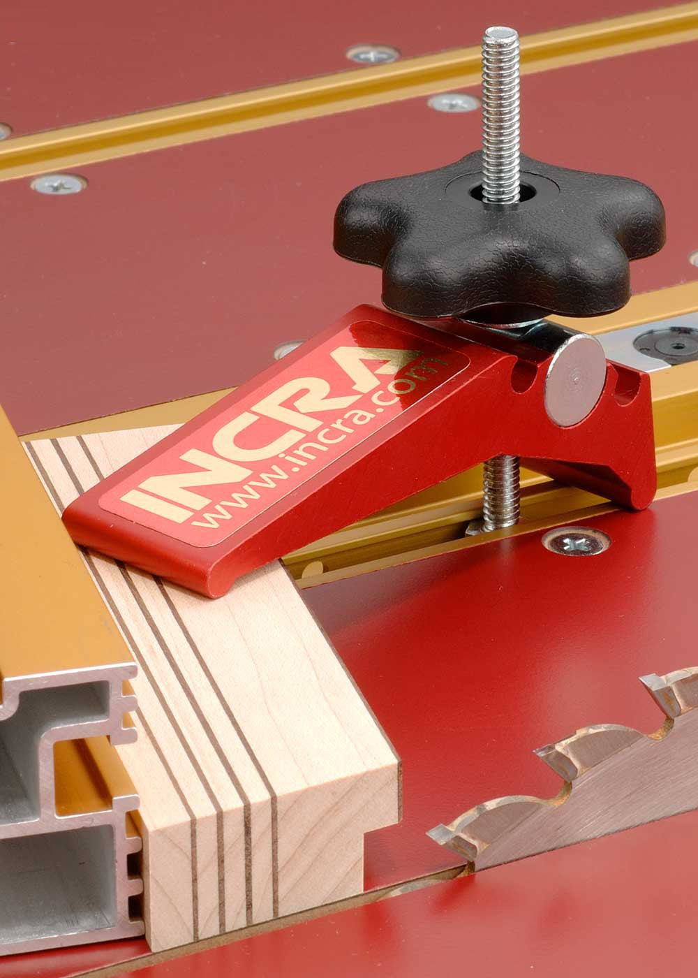 Incra Mitre Express Universal Sled System Hold Down Clamp in use