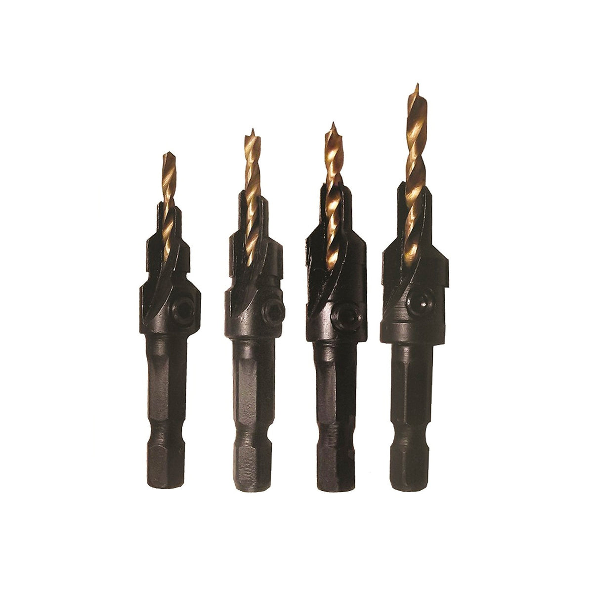 Milescraft four-piece countersink and counterbore drill bit set for woodworking tasks