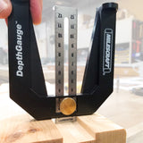 Milescraft DepthGauge showing durable metal scale with thumb lever and wide base for precision woodworking measurements