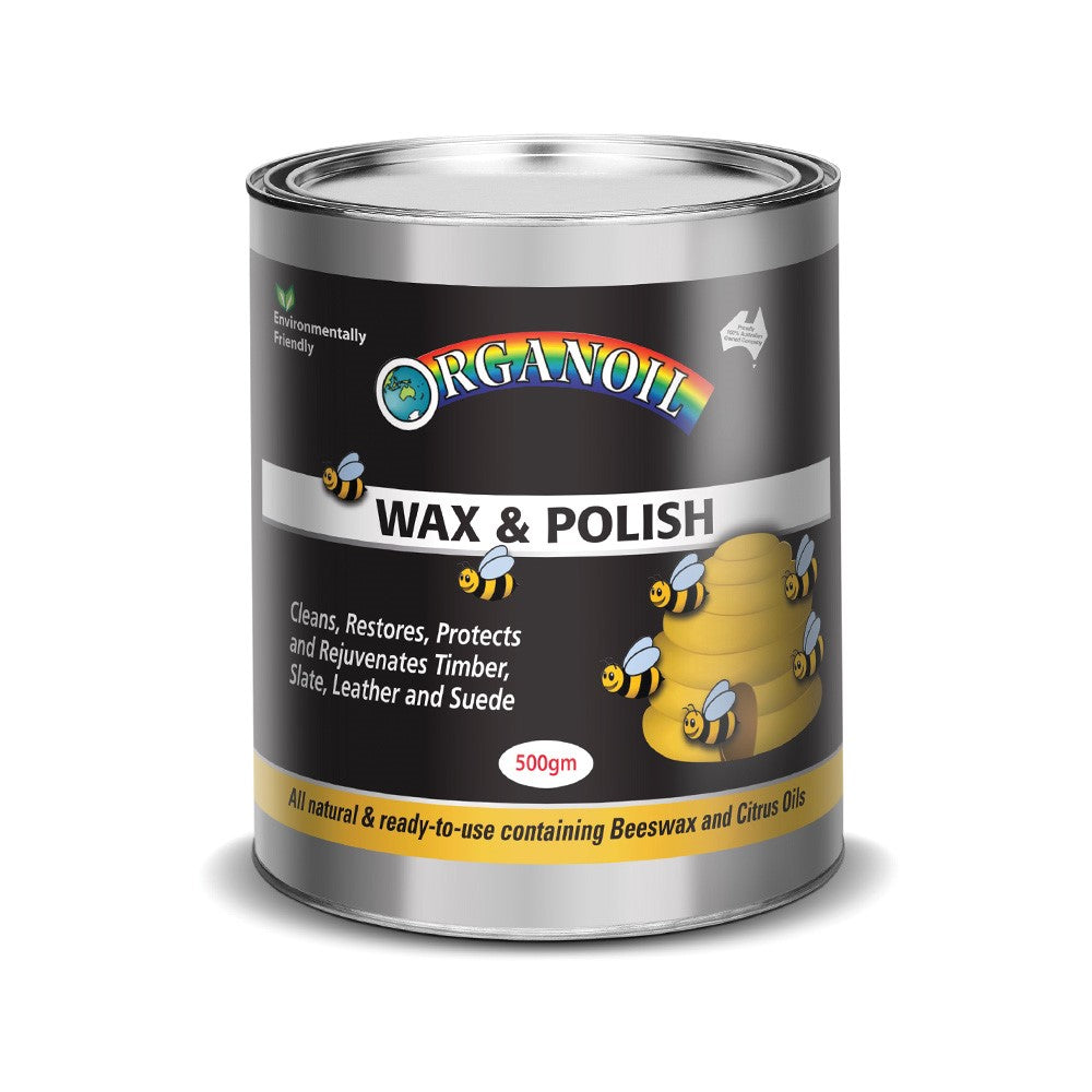 Organoil Natural Wax Polish 500mL beeswax & citrus oil polish in ready-to-use paste form, ideal for timber furniture