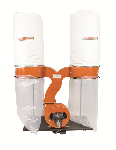 Sherwood 3HP Dust Extractor with Twin Needle Felt Filter Bags capturing woodworking dust in a workshop setting