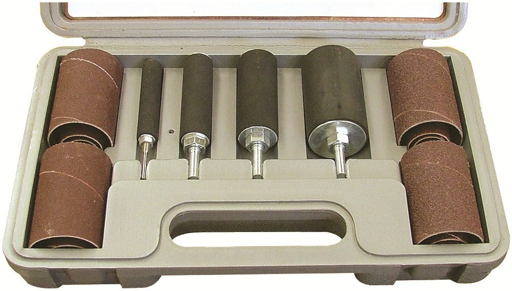 Mini long drum sanding set with four drums - two fine and two coarse abrasive. Various diameters up to 38.1mm