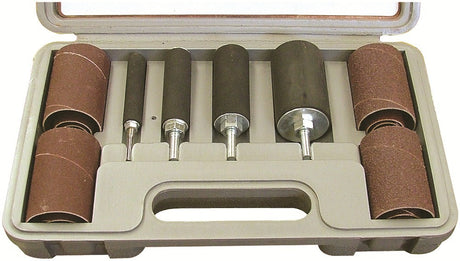Mini long drum sanding set with four drums - two fine and two coarse abrasive. Various diameters up to 38.1mm
