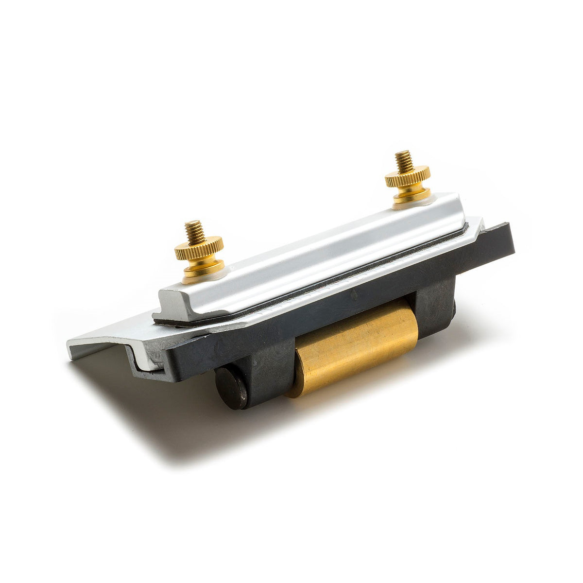 Deluxe Honing Guide Sharpening Jig back view showcasing 40mm-wide brass roller and adjustable 0-63mm clamping capacity