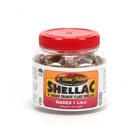 U Beaut Golden Glory Shellac Flakes 220g in packaging, suitable for woodworking projects