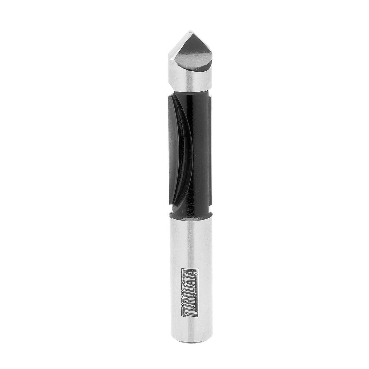 Torquata 1/4in Shank Flush Panel Pilot Plunge Router Bit cutting through material with v-shaped pilot for precise routing
