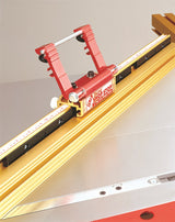 Incra Shop Stop Metric Flip Stop in use with precision woodworking tool
