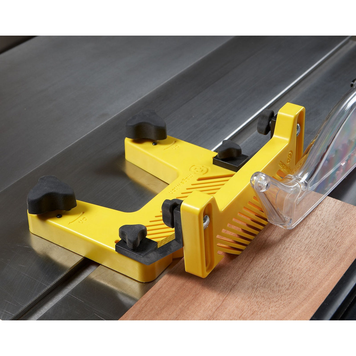 Magswitch Magnetic Pro Table Featherboard in use with vertical attachment for added safety and precision