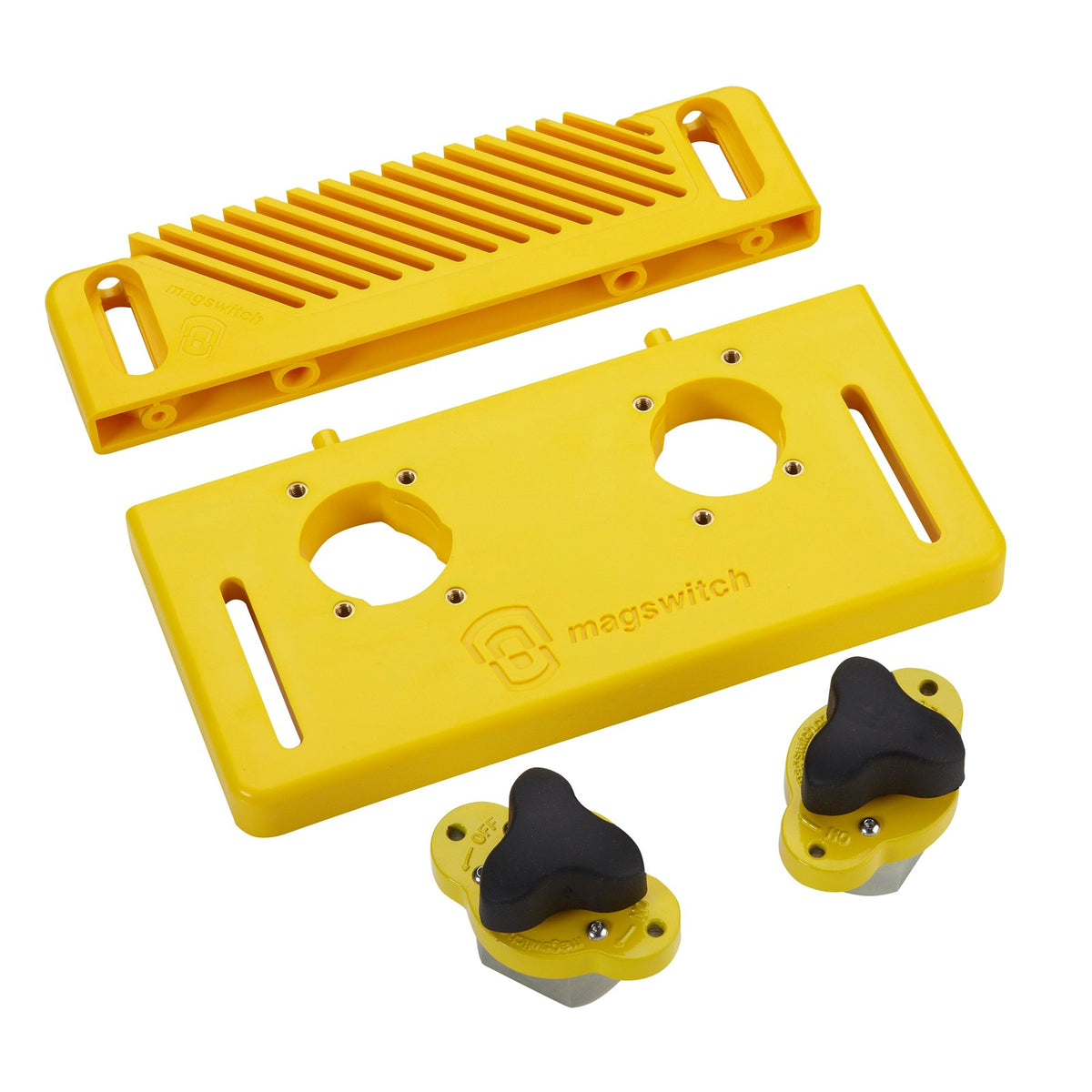 Magswitch Reversible Magnetic Featherboard Starter Kit with Vertical Attachment - Product in use on woodworking table