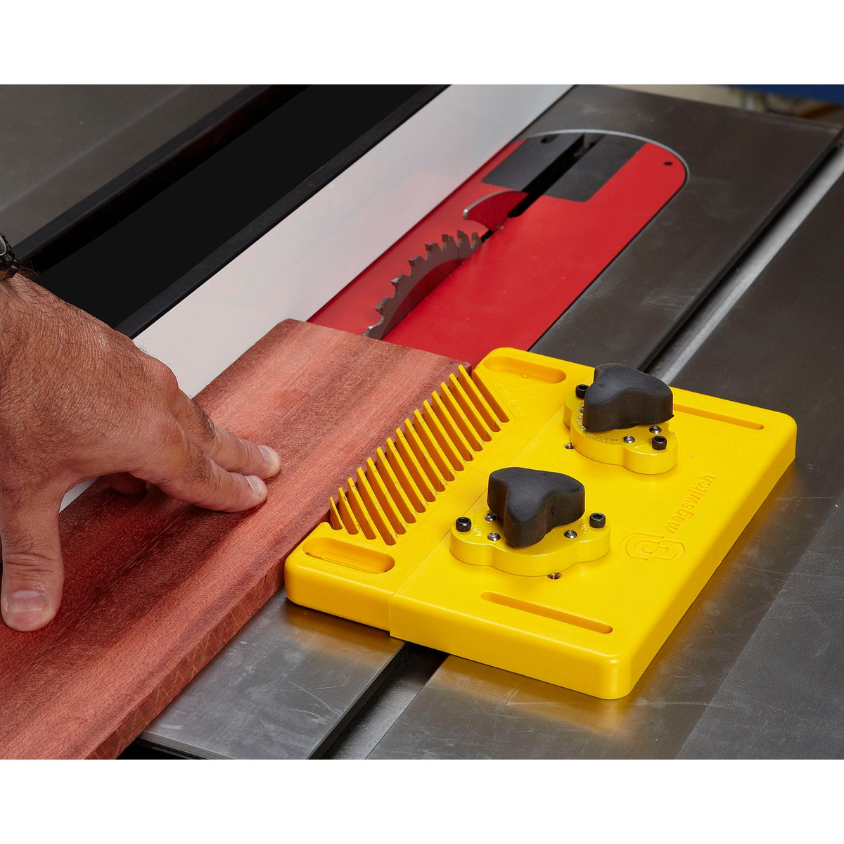 Magswitch Reversible Magnetic Featherboard Starter Kit with Vertical Attachment, showcasing versatile workholding capabilities