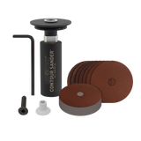 Arbortech Random Orbital Contour Sander Attachment for M14 Thread, shown in use on detailed woodwork
