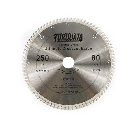 Torquata 250mm fine cut-off circular saw blade with 30mm bore, ideal for precise table saw cutting