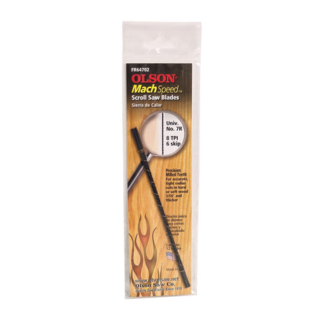 Olson Mach Speed Scroll Saw Blades, 8/6 TPI, precision milled with wide-spaced ultra sharp teeth for fast, accurate wood cuts