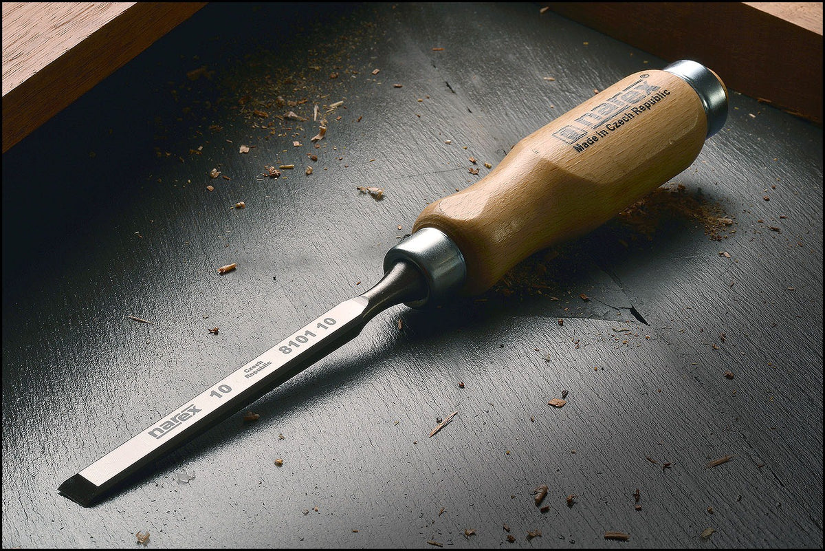 Narex Bevel Edge Chisels with Hooped Ash Handles, premium Czech-made woodworking tools, featuring chrome-manganese steel blades
