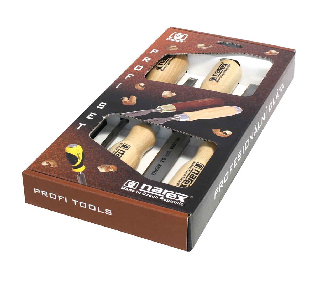 Narex Set of 4 Cabinet Chisels Bevel Edge for Wood Joinery sizes 6mm, 12mm, 20mm, and 26mm on white background