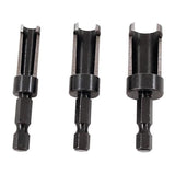 Milescraft 3-Piece Plug Cutter Set creating tapered wood plugs in 1/4in, 3/8in & 1/2in sizes