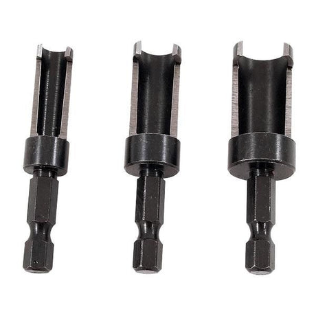 Milescraft 3-Piece Plug Cutter Set creating tapered wood plugs in 1/4in, 3/8in & 1/2in sizes