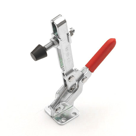 Vertical toggle clamp mounted on workbench for woodworking and metalworking applications