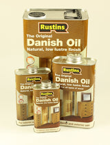 Rustins Original Danish Oil natural finish for woodworking, showcasing bottle with branding and product label