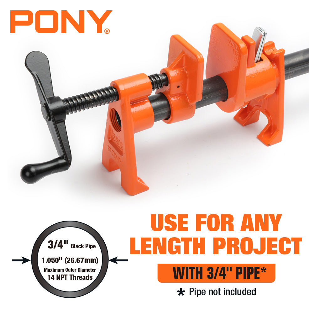 Pony Jorgensen 3/4in Pro Pipe Clamp Fixture on 2100mm pipe, ideal for woodworking and metalworking applications
