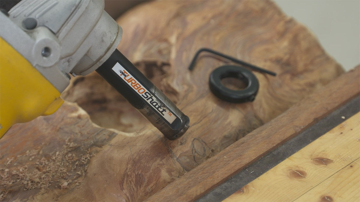Arbortech Turbo Shaft carving attachment for angle grinders, showcasing detailed power carving capabilities