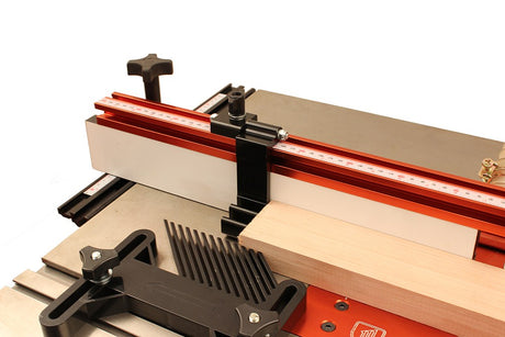 Sherwood Heavy-Duty Flip Stop for Router Table Fences in Gloss Black on White UHMW Sub-Fences