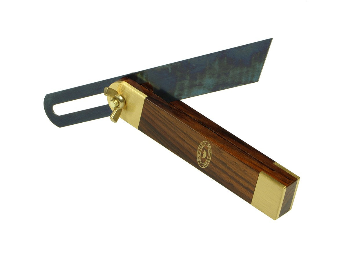 Crown Sliding Bevel 230mm Blade 145mm Rosewood & Brass Handle, angled view, showcasing durable rosewood handle and brass details