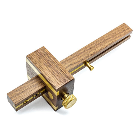 Crown Mortice Gauge with Rosewood and Brass components, adjustable pins for precise woodworking measurements