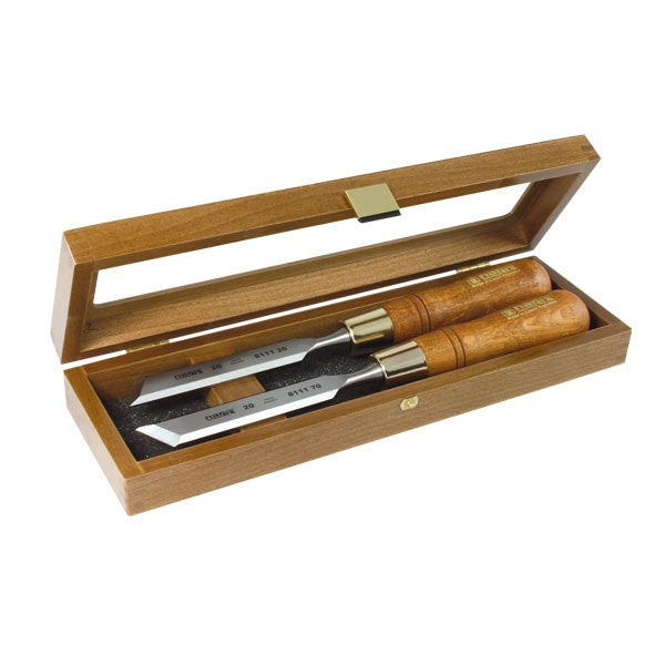 Narex Skew Paring Chisel Set wooden case, ideal for precise woodworking tasks