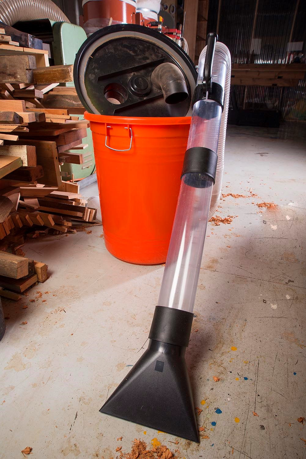 Sherwood 4in Dust Cyclone Extraction Kit with Vacuum Wand in action, showcasing vortex separation for efficient dust extraction