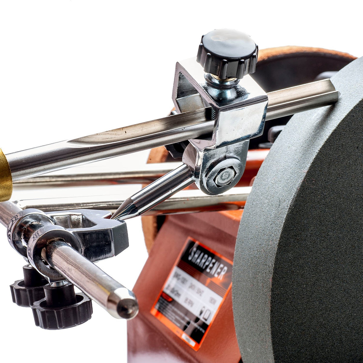Sherwood Whetstone Grinder Turning Gouge Jig angled view with 12mm support bars