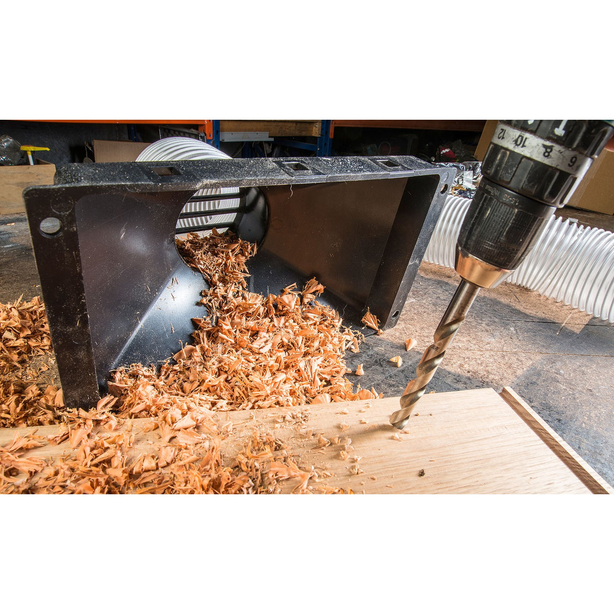 Sherwood medium dust extraction hood with 4in outlet, 340 x 184mm size, featuring ledges with 10.5mm holes and a flat inlet for easy mounting