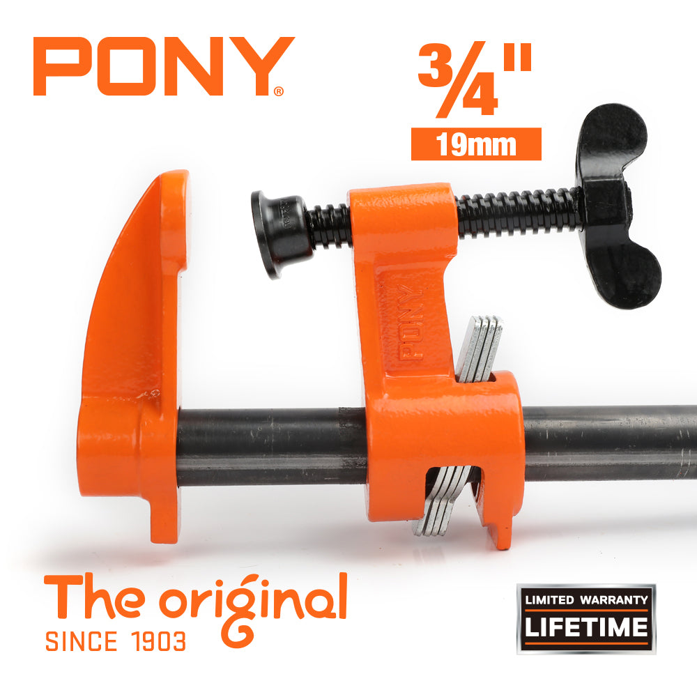 Pony Jorgensen Deep Reach Pipe Clamp securely grips wood with 2100mm 3/4in pipe attached