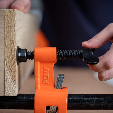 Pony Jorgensen Deep Reach Pipe Clamp with 2100mm pipe in use on woodworking project