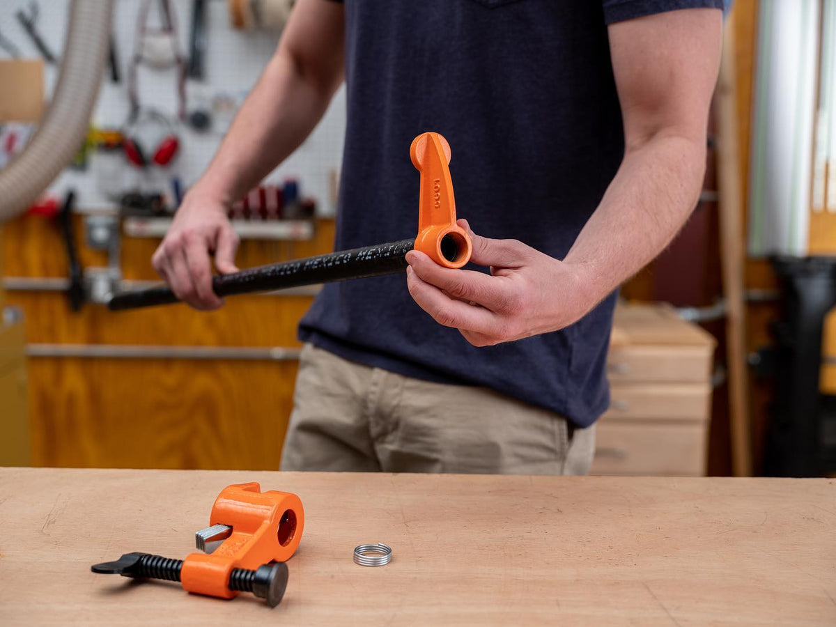 Pony Jorgensen Deep Reach Pipe Clamp with 2100mm 3/4in Pipe in use on woodworking project
