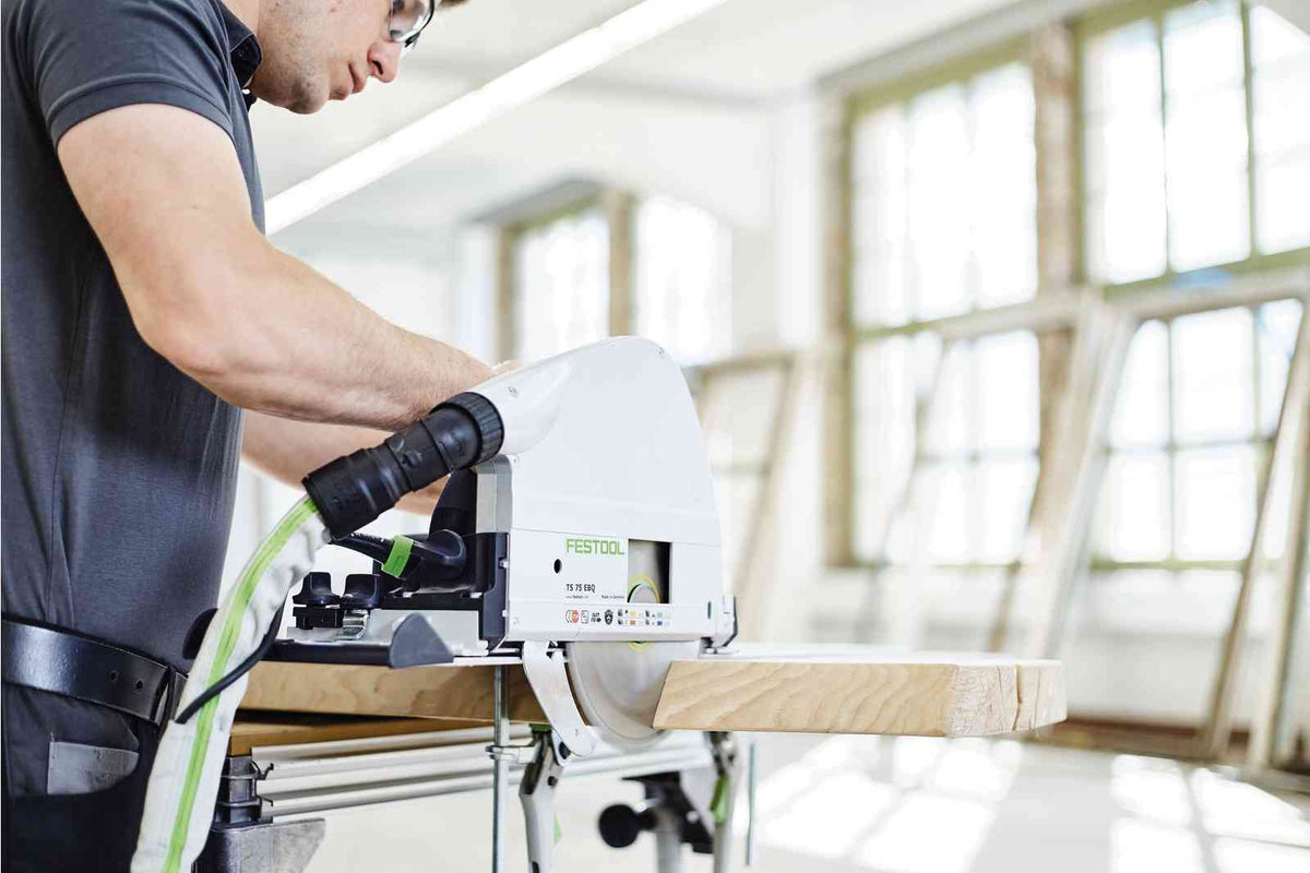 Festool TS 75 210mm plunge cut circular saw on 1400mm rail, showcasing precision cutting depth up to 75mm without splinters