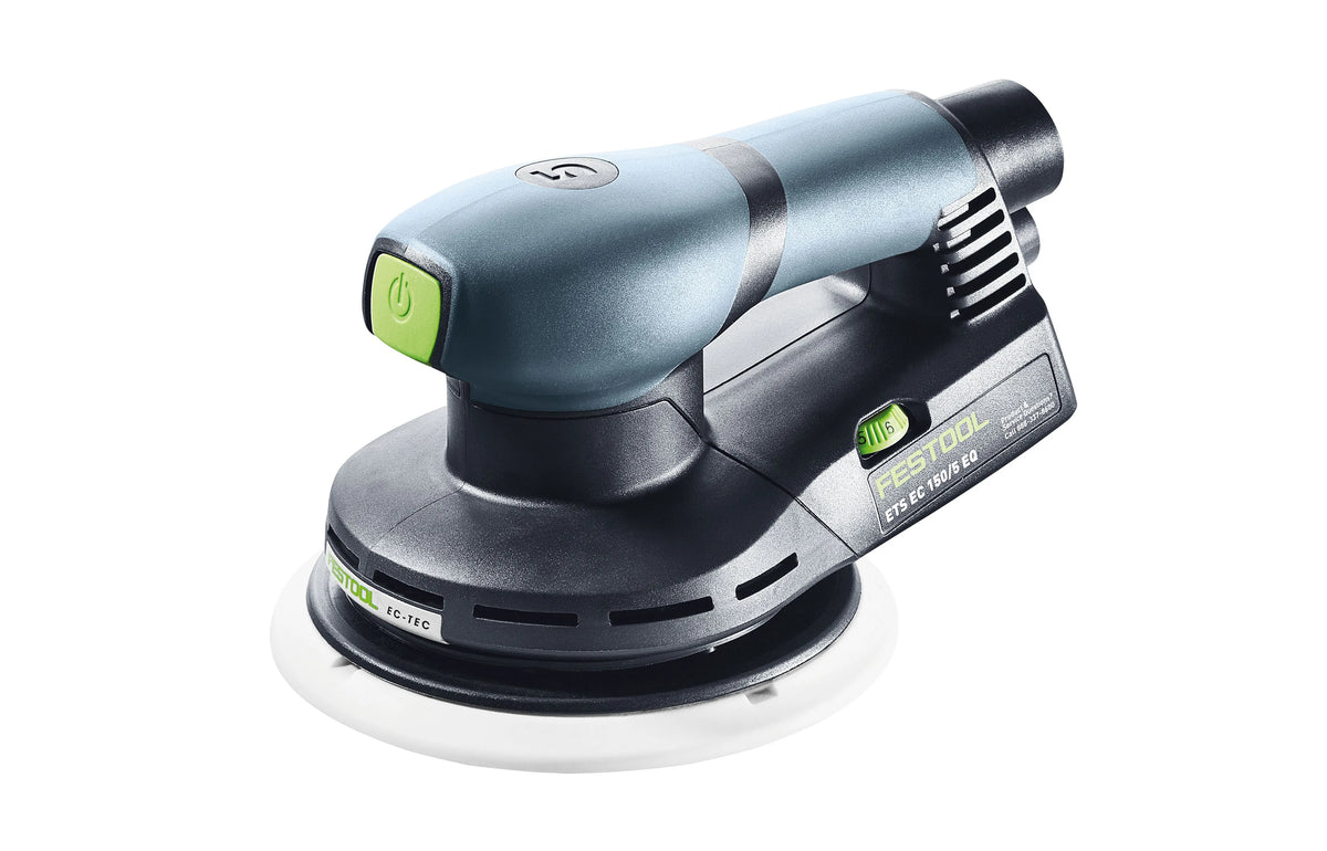 Compact Festool ETS EC 150mm Brushless Random Orbital Sander in Systainer - Side view showing ergonomic design and dust extraction port