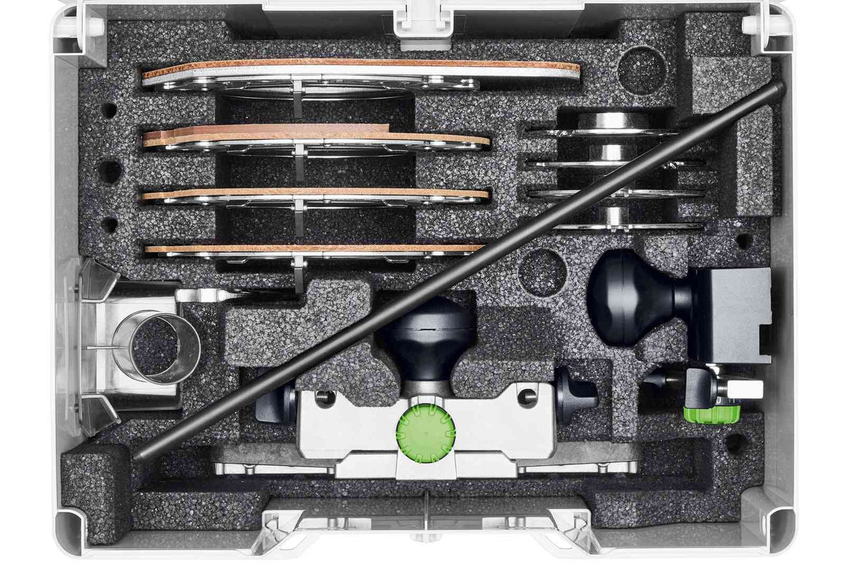 Festool OF 2200 Plunge Router Accessory Systainer Set with guide rail adapters, copying rings, and more neatly stored