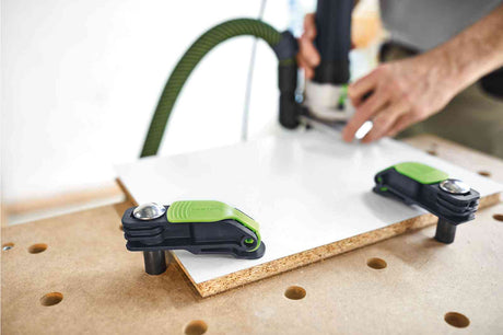 Festool Lever Clamp for MFT Table in use on workbench with 20mm Dog Holes