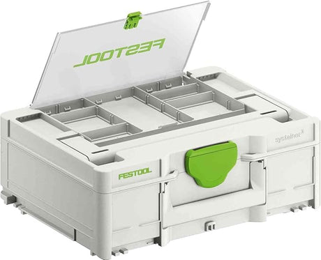 Festool Systainer3 SYS 1.5 Medium with tools underneath and accessories on top, organized and within easy reach