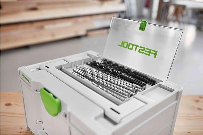 Festool Systainer3 SYS 1.5 Medium with lid compartment, tools beneath, accessories on top, transparent lid detail