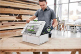 Festool Systainer3 SYS 2 Medium with tools underneath and accessories on top, organized and within easy reach. Transparent lid