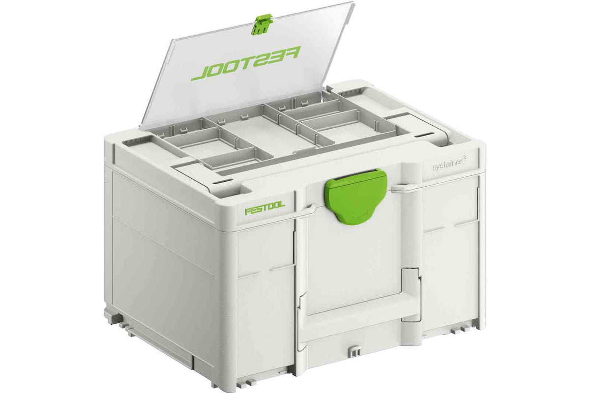 Festool Systainer3 SYS 3 Medium with tools underneath and accessories on top, organized and within easy reach. Transparent lid compartment
