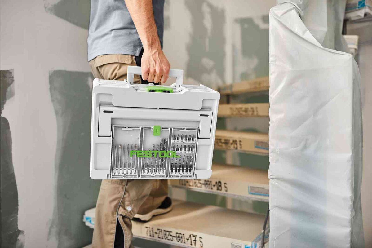 Festool Systainer3 SYS 3 Medium with tools underneath and accessories on top, organized and easily accessible