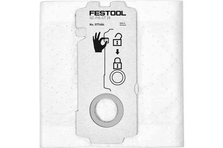 Festool CT 25 Replacement Selfclean Filter Bags in pack of 5, showing non-woven material and self-cleaning mechanism