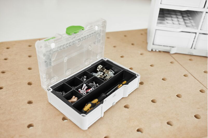 Compact Festool Systainer SYS3 S76 TRA storage box showcasing neat organization for small parts and accessories
